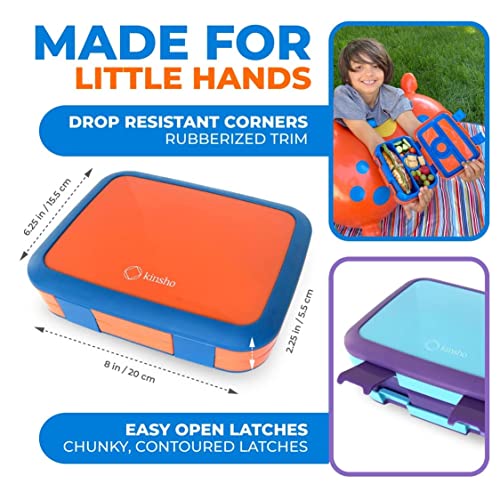 kinsho Bento Lunch Box, Boxes for Kids Toddlers Boys Girls, 4 Portion Divided Sections Secure Lid, BPA Free Removable Tray, Pre-School Kid Daycare Lunches Snack Container, Blue Purple Aqua 2 Pack Set - color: Blue Orange + Blue Purple Bentos