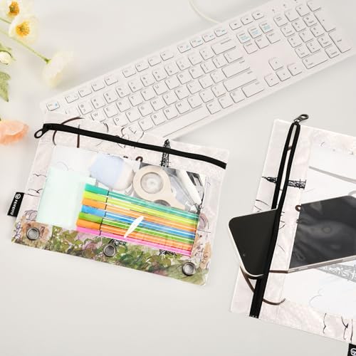 ZAZYXTJ Eiffel Tower Binder Pencil Pouchs 3 Ring with Zipper Clear Window | Office Organizers bag for School Students Teacher Supplies 2 Pack - color: Eiffel Tower