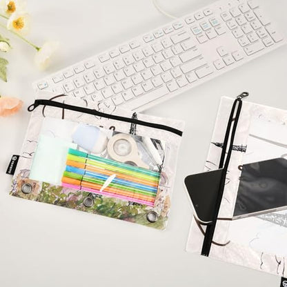ZAZYXTJ Eiffel Tower Binder Pencil Pouchs 3 Ring with Zipper Clear Window | Office Organizers bag for School Students Teacher Supplies 2 Pack - color: Eiffel Tower