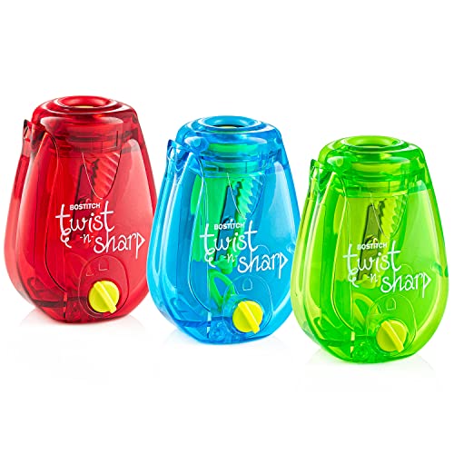 Bostitch Office Pencil Sharpener, Manual, Twist-n-Sharp with Shavings Tray, Kids, Boys, Girls, Colored Pencils, 3-Pack, Lime Green, Blue and Red - color: Vibrant Colors, size: 3 Pack
