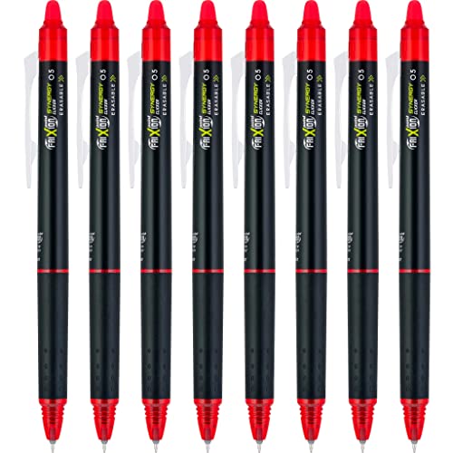 Pilot FriXion Synergy Clicker Erasable, Refillable, Retractable Gel Ink Pen, Extra Fine Point 0.5 mm, Pack of 8, Red, FriXion Erasable Pens 0.5 - Ideal for School & Office Writing - color: Red