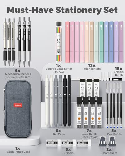 Four Candies School Supplies with Pen Case, 45ct Black | Back to School Stationery Set, Essentials for College & Nursing Students, 6 Gel Pens, 6 Mechanical Pencils, 12 Highlighters - color: Black, size: 45 Count (Pack of 1)