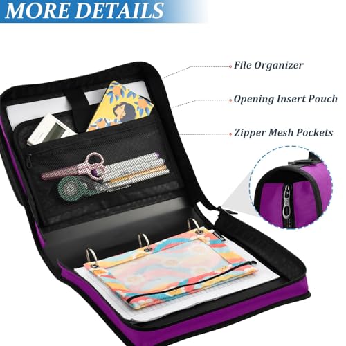 3 Rings 1.5 inch Zipper Binder with Shoulder Strap Waterproof Document Organizer for School Purple Red - color: Purple Red