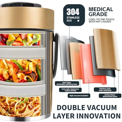 67oz Upgraded Thermos for Hot Food, 3-Layer Stackable Food Thermos, Soup Thermos Jar with Insulated Bag, Ideal for Office, Outdoor Meals, and Various Occasions (67 oz Gold) - color: 67 oz Gold