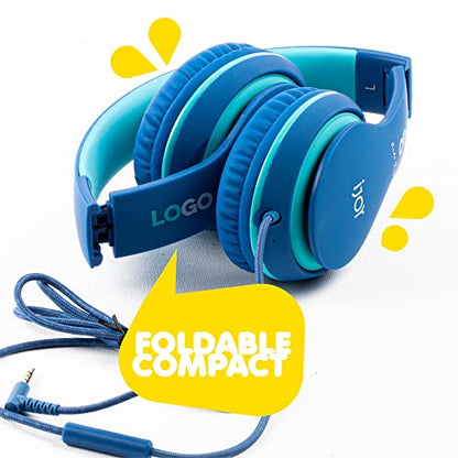 iJoy Premium Headphones with Microphone for Kids - Kid Safe Over-Ear Headphones with Hearing Protection for Boys & Girls - Kid’s Adjustable Headset with Mic for School, Music (Blue)