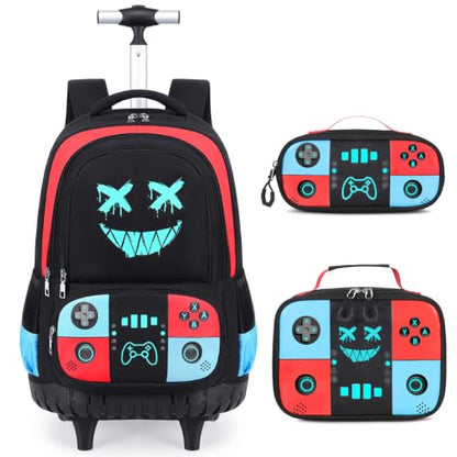Bevalsa Rolling Backpack for Boys,Cool Luminous Gamer Roller School Backpacks with Lunch Box & Pencil Case,Kids Wheeled Schoolbag Bookbag with Wheels for Kindergarten Elementary School Travel - color: Red Blue Smile