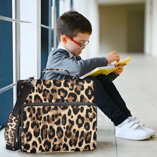 Bolaz Durable 3 Ring Binder Bag with Zipper,Brow-Black Leopard Print,1.5 Inch Multi-Pockets Organizer with Shoulder Strap and Handle - color: Brow-black Leopard Print