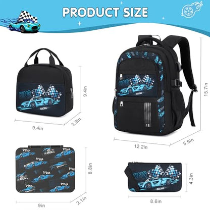 ACESAK Boys Backpack - Racing Car Bento Box with Insulated Lunch Bag Pencil Case & Utensils Set for Kids, 6 Leakproof Compartments Removable Tray Lunches or Snack Container - color: Blue Car