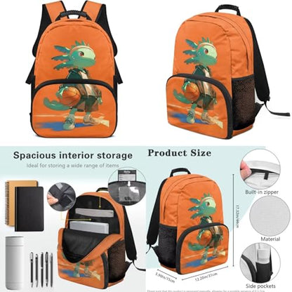 17 Inch Kid's 4PCS Backpack Set, Back to School Essentials | Insulated lunch box, water bottle pouch, pencil case, lightweight, padded shoulder straps, for elementary, middle school - color: Basketball Axolotl