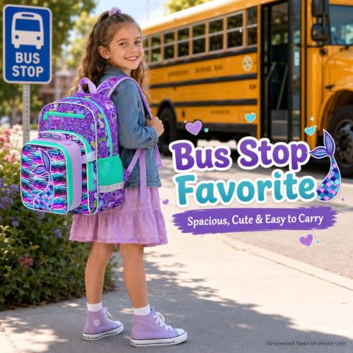 gxtvo 3PCS Girls Backpack, 16" Sequin Prechool Elementary Bookbag and Lunch Box - color: Reversible Sequins Fishtail Clip-on Backpack
