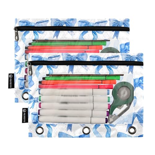 Custom Binder Pencil Pouches Personalized Blue Ribbon Bows Watercolor Pen Case | Clear Window 3 Rings, Cosmetic Bags School Office Supplies Cosmetic Makeup Bag 2 Psc - color: Custom-blue Bows