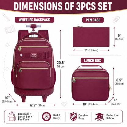 HPJGD 3PCS Girls Rolling Bookbag, Womens Wine Red School Backpacks with Wheels, Water Resistant Roller Kids Wheeled Bookbag Set - color: Classic Wine Red Rolling Backpack Set