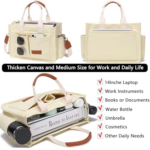 ZHMO Canvas Tote Bag for Women,Women's Bags Crossbody Bags Work Laptop Tote Bag Large Handbags Purse for Travel Nurse Teacher - color: New Upgrade Beige With Compartments and Side Cup Holders