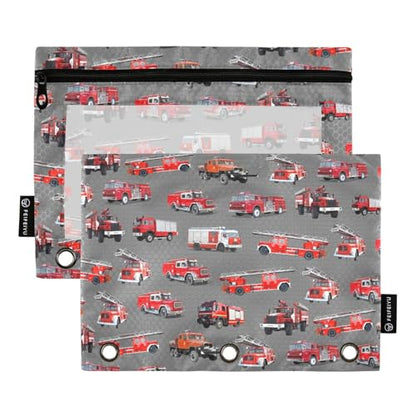 Fire Truck Pencil Pouch for 3 Ring Binder, Binder Pencil Pouches with Clear Window Zipper Pencil Case for Office College Supplies, 2PCS (B0306) - color: B0306