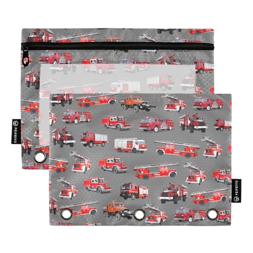 Fire Truck Pencil Pouch for 3 Ring Binder, Binder Pencil Pouches with Clear Window Zipper Pencil Case for Office College Supplies, 2PCS (B0306) - color: B0306