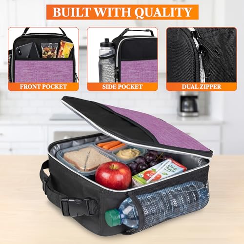 opux Insulated Lunch Bag for Kids Girls, Small Compact Lunch Box with Wide Opening & Mesh Pockets, Reusable Lunch Pail for School, Work, Adults, Women, Heather Purple - color: Heather Purple