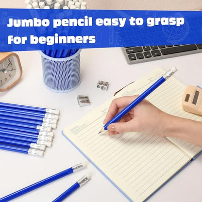 Fainne 102 Pcs Bulk Fat Jumbo Pencils Set 96 Giant Big Large Thick Pencils with Erasers 6 Sharpeners for Home School Classroom Beginners(Blue,Round) - color: Blue, style: Round