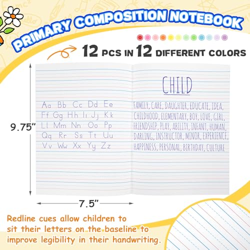 Henoyso 12 Pcs Primary Composition Notebook K-2, Wide Ruled 9.75" x 7.5" Journals, 60 Pages, Writing & Handwriting Practice for Kindergarten, 1st & 2nd Grade, Back to School Supplies (12 Colors) - color: 12 Colors