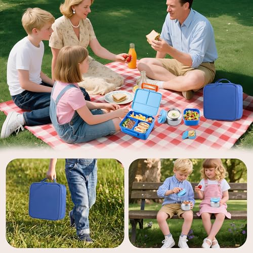 Bento Lunch Box for Kids with Thermo, Leakproof Bento Box with 8oz Insulated Food Jar, Lunch Bag, BPA Free Dishwasher Safe 4 Compartment Container for School Girls Boys (Blue) - color: Blue1