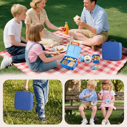 Bento Lunch Box for Kids with Thermo, Leakproof Bento Box with 8oz Insulated Food Jar, Lunch Bag, BPA Free Dishwasher Safe 4 Compartment Container for School Girls Boys (Blue) - color: Blue1