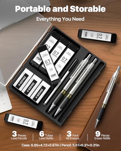 Metal Mechanical Pencil Set, 0.7mm Medium Point, 3-Pack with Storage Case | 360 Leads, 3 Erasers+9 Refills, Non-Slip Grips, For School Writing, Sketching, Art Drawing & Professional Drafting - size: 3 Count (Pack of 1)