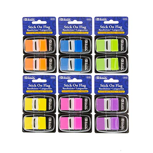 BAZIC Products Neon Page Flags w/Dispenser, 30 Flags, 2 Dispensers, 24-Box | dispensers of neon standard flags, 30 each (60 total), 1 x 1.7 in, Waterproof PET film, repositions clean - color: Neon Standard (60 Flags), size: 24-Pack