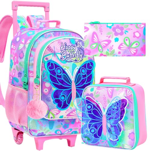 WZLVO 3PCS Roller Backpack for Girls, 18" Sparkling Butterfly Print Kids Rolling Backpack, Includes Matching Lunch Bag & Pencil Bag - Butterfly with Wings (Pink) - color: 3pcs Girls Rolling Backpack - Butterfly With Wings