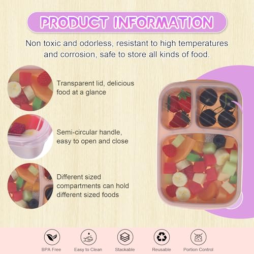 Honeydak 5 Pack Snack Containers 3 Compartment Bento Snack Boxes Divided Meal Prep Containers with Lids Reusable Adults Lunch Food Storage Box for School Work Travel(Creamy Pink Gray) - color: Creamy Pink Gray