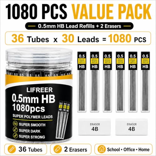 0.5 Lead Refills (1080 Pcs), Unbreakable 0.5 mm Lead Refills and 2 Premium Erasers, Long Lasting HB Pencil Lead 0.5 Refill,Mechanical Pencil Lead 0.5mm for Students & Professionals - style: 0.5 lead refills