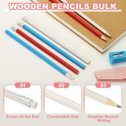 PATIKIL Round Wooden Pencils Bulk, 24 Pack HB Graphite Pencils with Eraser for Office Supplies, Engineering Marking Writing Art Drawing Supplies, White - color: White
