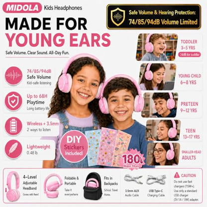 MIDOLA Kids Bluetooth Headphones 68H Play Time,Volume Limit 85/94dB, Foldable Lightweight Wireless Over-Ear Headphone for Kid Toddler Child Pad Tablet,Headsets with Built-in Mic Pink - color: Pink