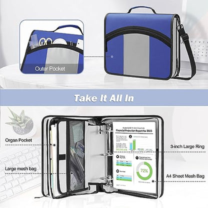 MoKo Zipper Binder with Strap, 3 Inch 3 O Ring, 600 Sheets, Blue & Gray | Water-repellent nylon with 2 folders, 2 mesh pockets and a outer pockets, reinforced handle and adjustable shoulder strap. - color: Blue