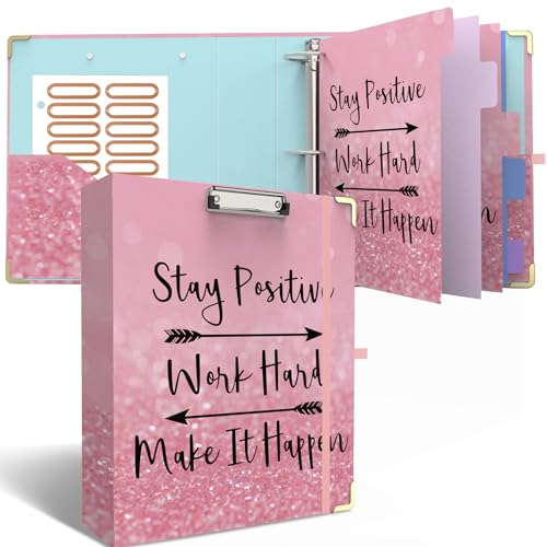 3 Ring Binder 2 Inch, Cute Pink Round Ring Binders with 6 Tab Dividers, Labels Stickers, Low Profile Clipboard with Storage, Fashion Binder School Office Supplies(Stay Positive) - color: Stay Positive