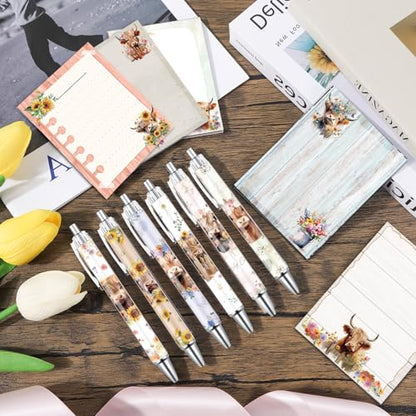 Wxiben Highland Cow Sticky Notes with Pens 24 Pcs Cute Cartoon Animals Notepads Ballpoint Pens Bulk Farm Cattle Notes Black Ink Pen Animal Lover Gifts for Women Men Study Office School Supplies - color: Highland Cow