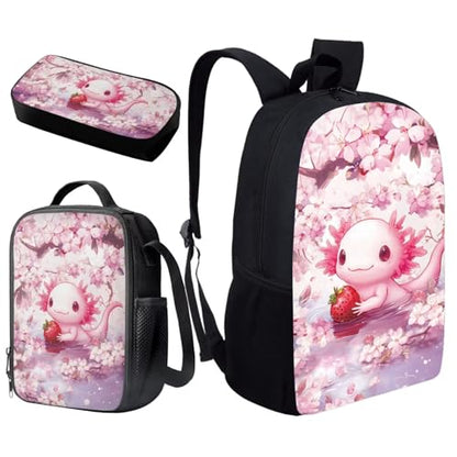 Pink Axolotl Kids Backpack Set of 3 with Lunch Box Pencil Case Portable Lunch Bag Multifunctional Pencil Case Cute Book Bag Elementary School Boys and Girls - color: Cute Axolotl Pattern
