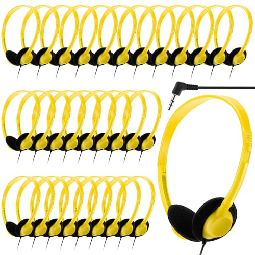 Yunsailing 30 Pack Bulk Headphones Set Over Ear Headphones with Adjustable Headband 3.5mm Plug Headsets Earphones for Learning Program, Computer Lab, Library, Testing & Multimedia Use (Yellow) - color: Light Yellow