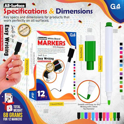 G4GADGET 12pcs Colourful Whiteboard Markers with Magnet & Eraser | Dry Wipe White Board Pens | Fine Tip, Low Odor, Non-Toxic Erasable Markers for Kids, Office, Classroom & Home Use
