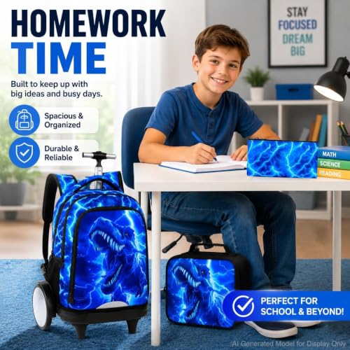 3Pcs Large Rolling Backpack for Boys, 20 Inch Detachable Light Up Wheeled Bookbag with Lunch Box, Durable Lightning Dinosaur Roller Backpack for Elementary Middle School (Blue) - color: Large Wheels Dinosaur Blue