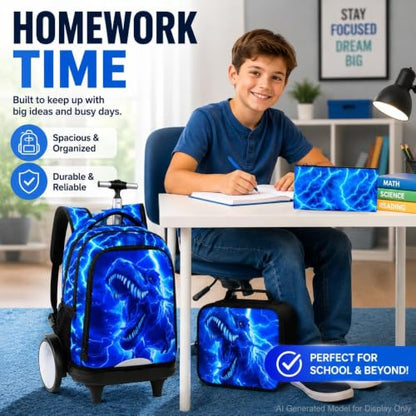 3Pcs Large Rolling Backpack for Boys, 20 Inch Detachable Light Up Wheeled Bookbag with Lunch Box, Durable Lightning Dinosaur Roller Backpack for Elementary Middle School (Blue) - color: Large Wheels Dinosaur Blue