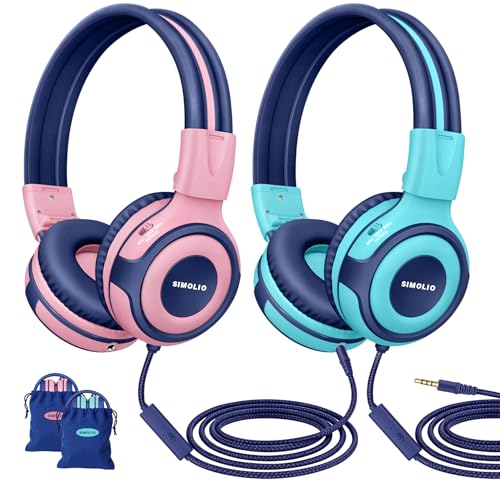 SIMOLIO Manyshare Series-2 Pack Wired Headphones for School with Share Port, 75/85/94dB Volume Limit, Kids Headphones w/Cord & Mic for Tablet iPad PC, Foldable Headsets for Travel Plane Boys Girls - color: Blush Pink & Mint