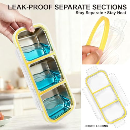Upgraded Stainless Steel Snack Container for Kids & Adults - Leak-Proof 3-Compartment Stackable Snack Lunch Box for Daycare, School, Work & Travel (3Compartment Yellow) - color: 3 Compartments Yellow-
