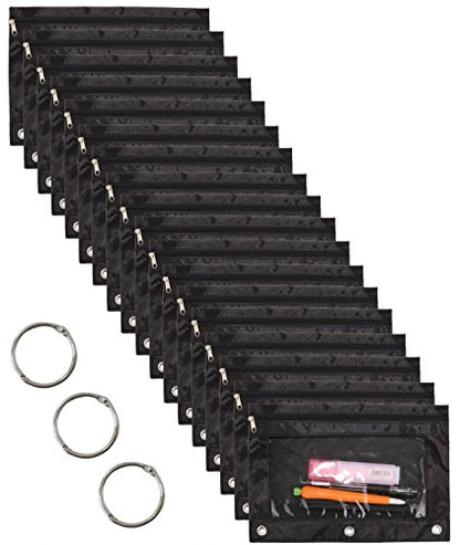 18-Packs 3 Ring Pencil Pouch with Clear Window School Classroom Binder Pocket Case Office Stationery Bag Black - color: black