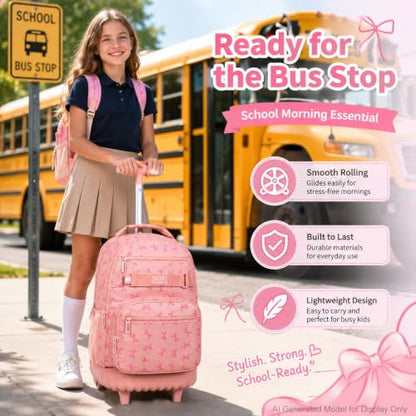 gxtvo Roller Backpack for Girls, Women Rolling Bookbag with Lunch Box for Adults, Water Resistant Wheeled School Bag for College Teens Kids Travel - Pink Bow - color: Girls Rolling Backpack Bow Pink