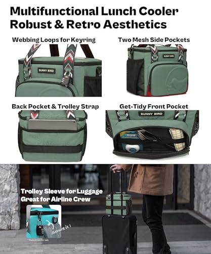 SUNNY BIRD 12L Large Insulated Lunch Bag, Foldable Lunch Cooler Box for Women Adult and Men, Fits 18 Cans (Green with Boho Strap) - color: Green with boho strap