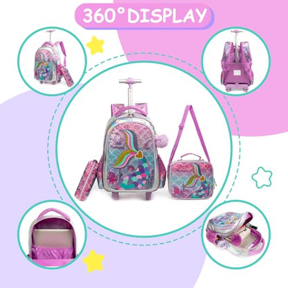 Kids Rolling Mermaids Backpack for Girls Sequins Trolley Suitcases Luggage Travel with Wheels Bookbag Wheeled 17" Roller Backpacks Toddler Back Pack School Bags for Elementary Golden Heart - color: 5416-meirenyu-golden