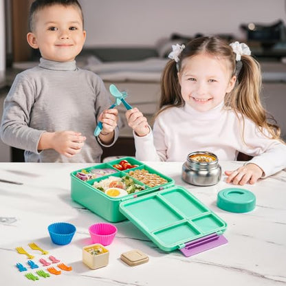 JSLOVE Bento Lunch Box with Leak Proof Thermos Food Jar for Kids, Food Lunch Containers for Girls with 4 Compartments, BPA-Free with Utensils, Food Picks, Sauce Jar & Silicone Lunch Box Dividers - color: Green