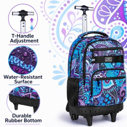 AGSDON Rolling Backpack for Girls, Women Roller Wheels Bookbag, Laptop Flower Wheeled School Bag with Wheels for Teens - color: Purple