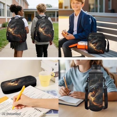 Black Snake Backpack for Kids Girls Boys Backpack with Lunch Box Water Bottle Carrier and Cute Pencil Case 4PCS Set Bookbag with Front Pocket for School 17 inch Large School Bag Graduation - color: Black Snake