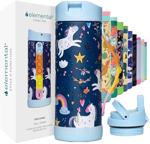 Elemental Iconic Kids Water Bottle for School - 100% Leak-Proof Insulated Water Bottles with Straw Lid & Pop-It Handle for Boys & Girls - Triple-Wall Insulated & BPA-Free, 14oz – Unicorn - color: Unicorn, size: 14 Ounces