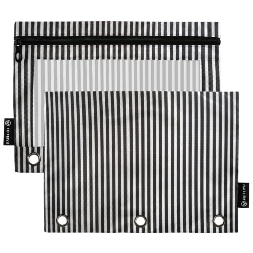 Gredecor 3 Ring Binder Pencil Pouch, Black and White Line Zippered Pen Case Pouches with Clear Window, 2 Pack Stylish Office & School Supplie - color: Black and White Line